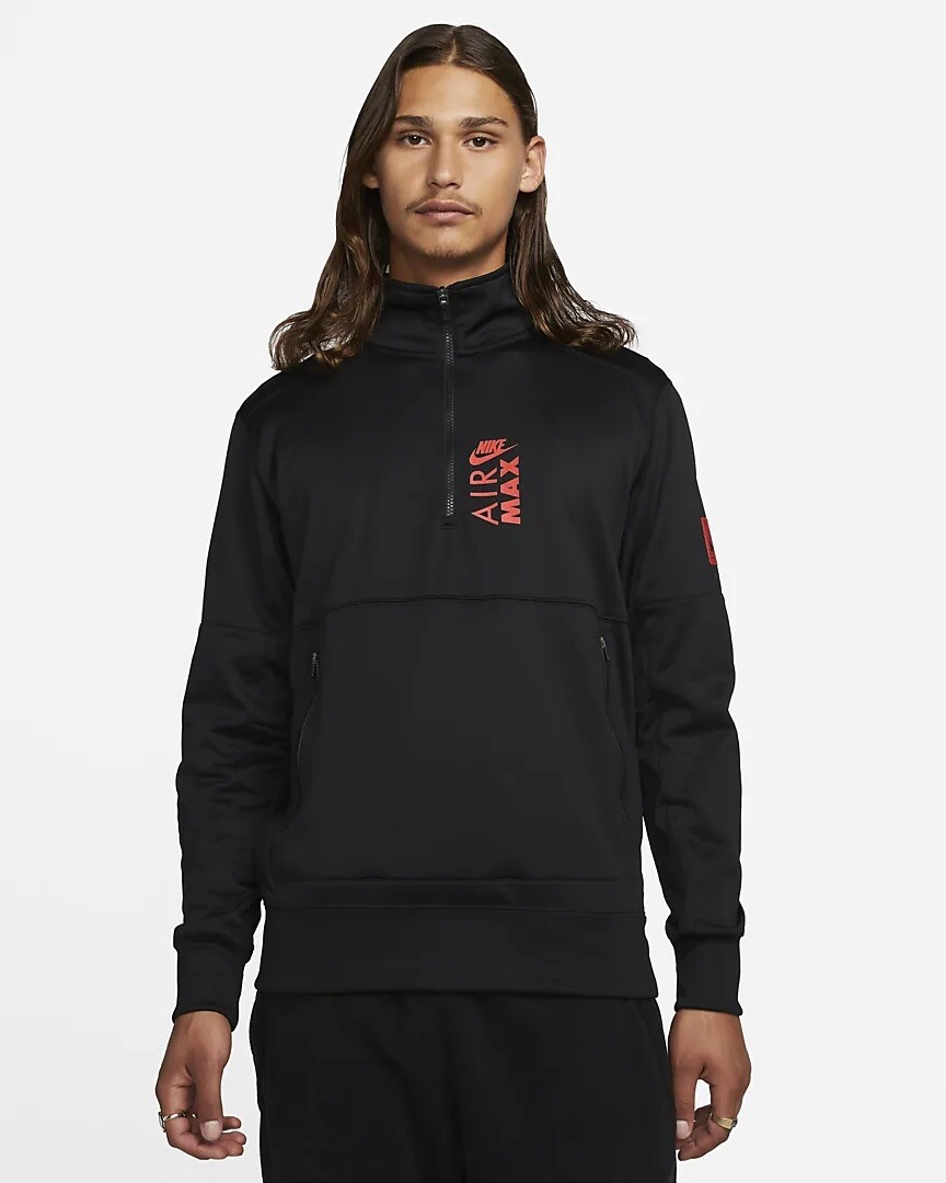 Mens Nike Air Max Pullover 1/4 Zip Jacket Black Red Therma Fit Microfibre  Fleece | eBay